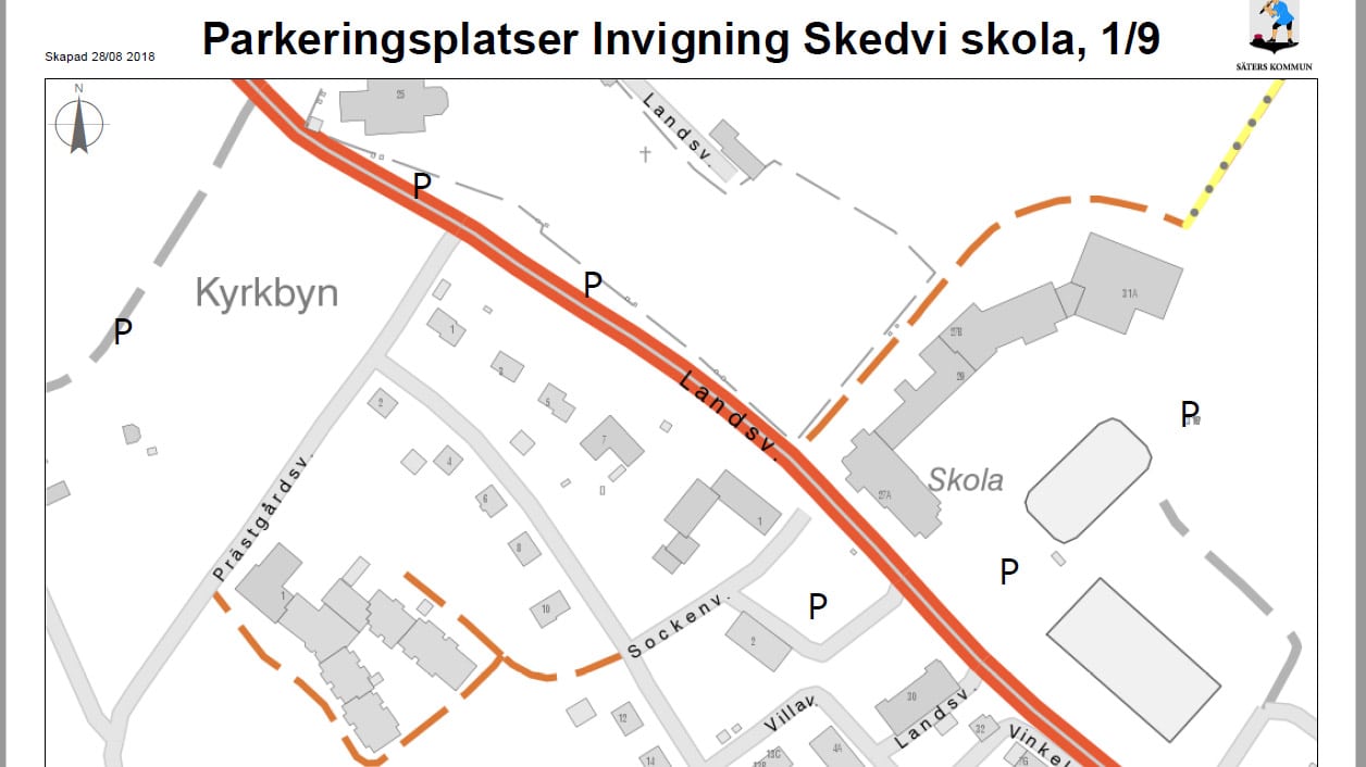 Karta över parkeringsplatser vid invigningen av Stora Skedvi skola.