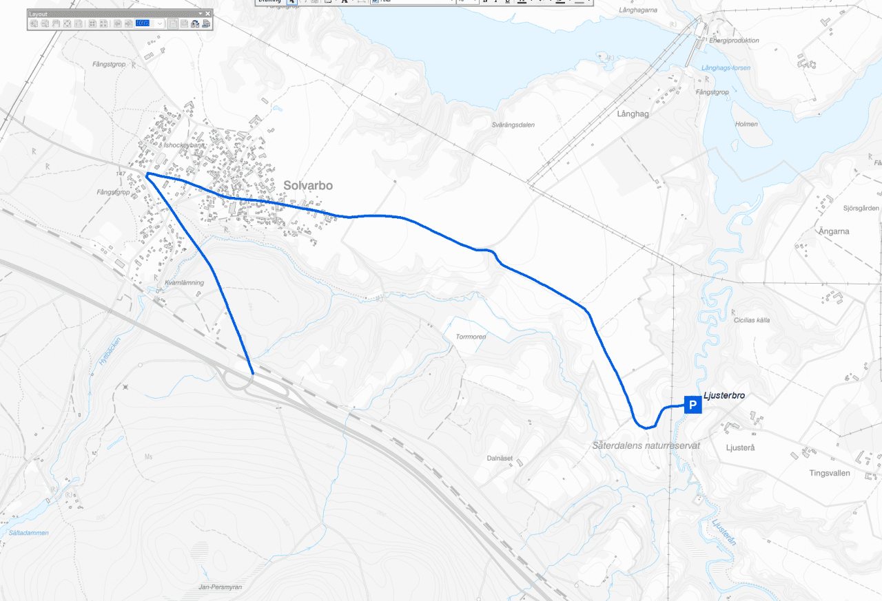 Karta över vägbeskrivning från centrala Säter till Ljusterbro