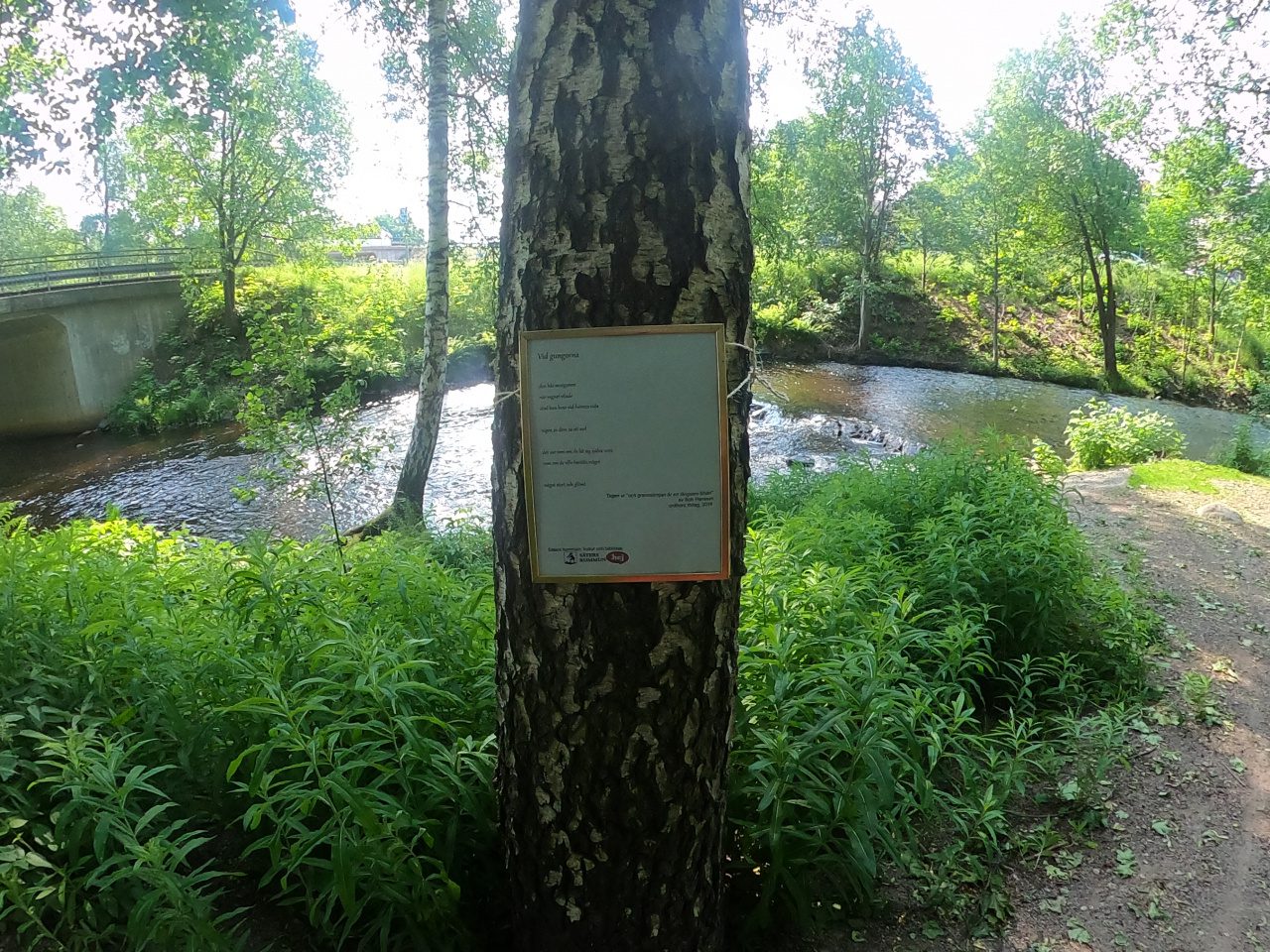 Bild på en poesitavla som hänger på ett träd i en naturskön miljö med en å i bakgrunden
